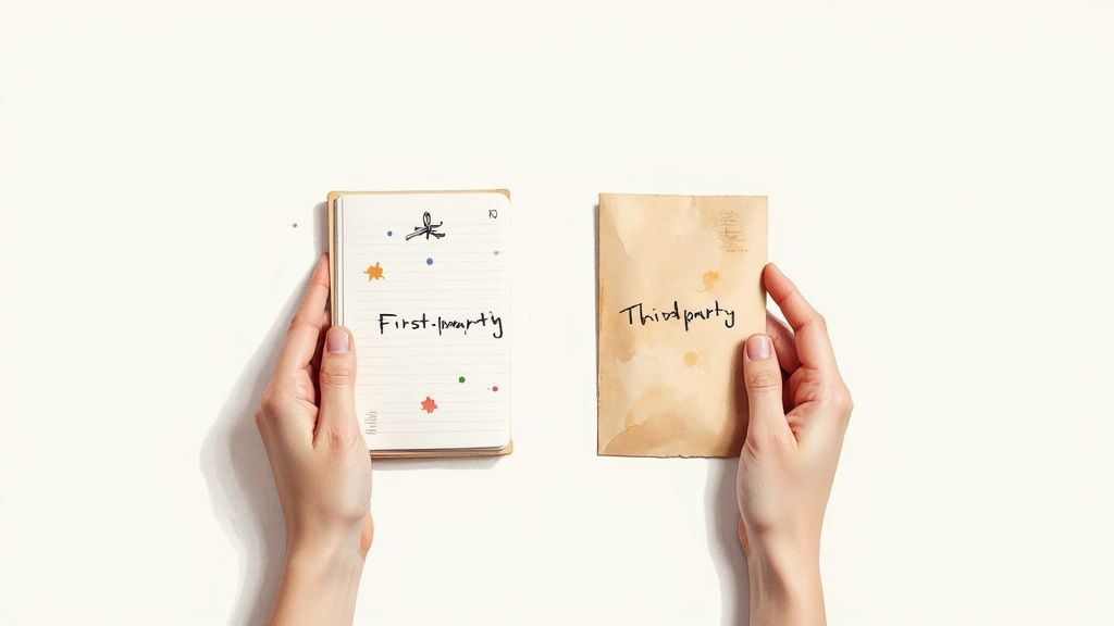 Two hands holding notebooks labeled first-party and third-party data against white background