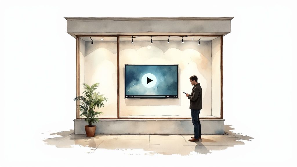 A man watches a large video screen displaying a play button in a display booth, holding his phone, with a plant nearby.