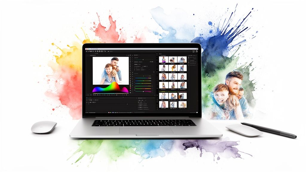 A laptop displaying photo editing software with family photos, surrounded by colorful watercolor splashes and accessories.
