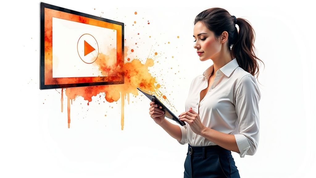 A professional video being edited on a laptop, symbolizing the conversion of a PowerPoint presentation.