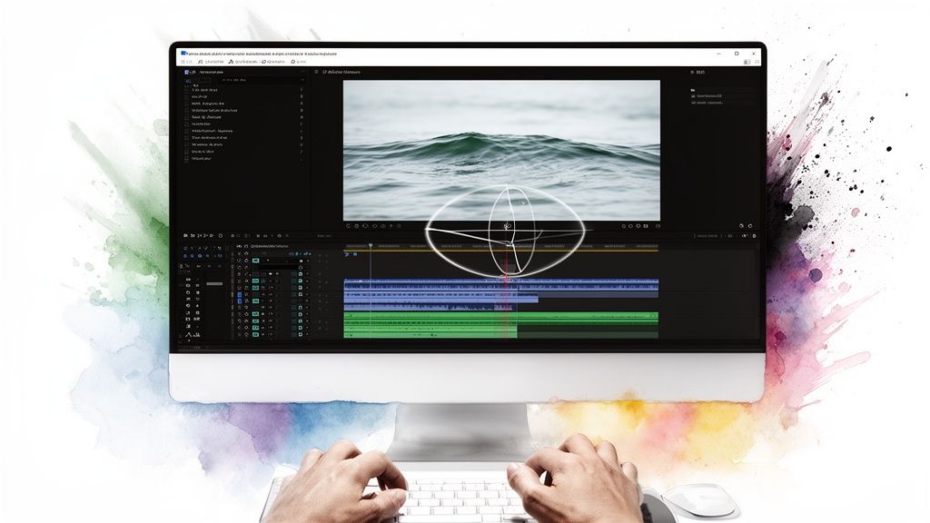 Hands editing a video of ocean waves on a desktop computer with a colorful background.