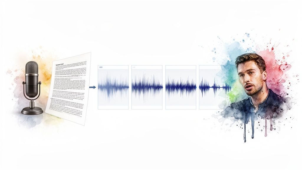 Text document and microphone transforming into audio waveforms and a speaking man, representing voice synthesis.