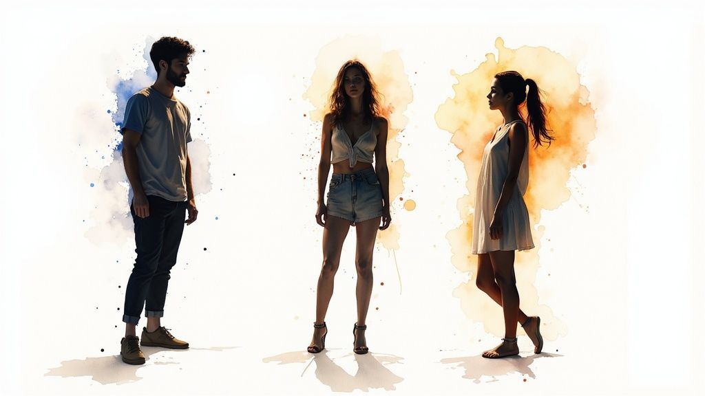 A professional three-point lighting setup for a video interview, with key, fill, and back lights clearly positioned around the subject.