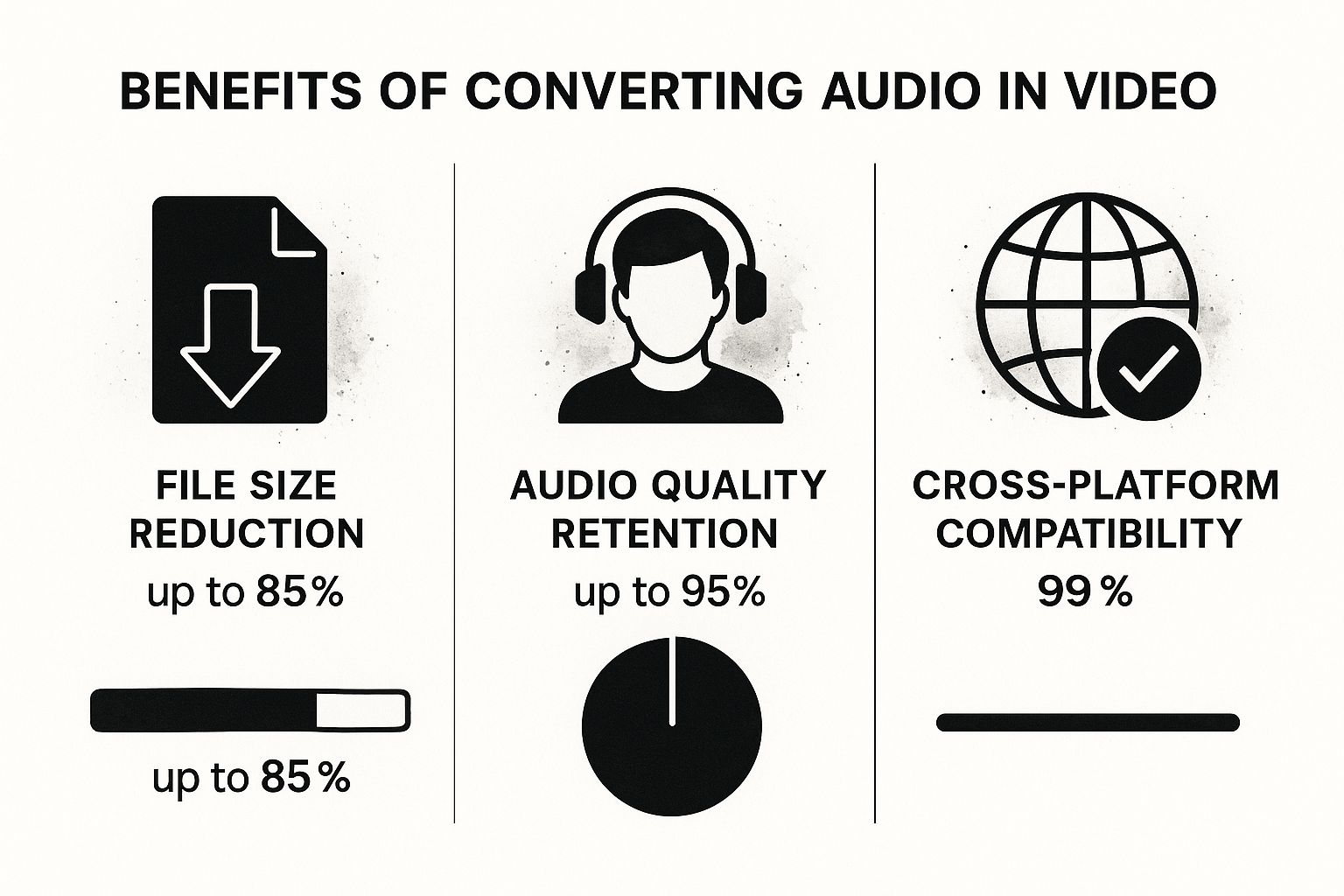 Infographic comparing benefits of converting audio to video including file size reduction, audio quality retention, and cross-platform compatibility.