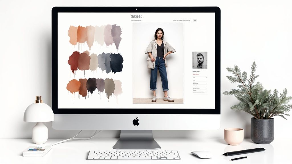 Modern white desk with an Apple iMac displaying a fashion style website and watercolor color palettes.