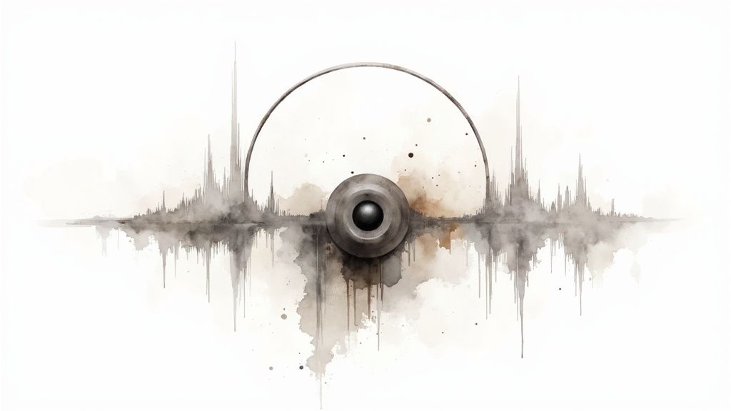 Abstract watercolor illustration of a sound wave equalizer with a central speaker-like element and an arc.