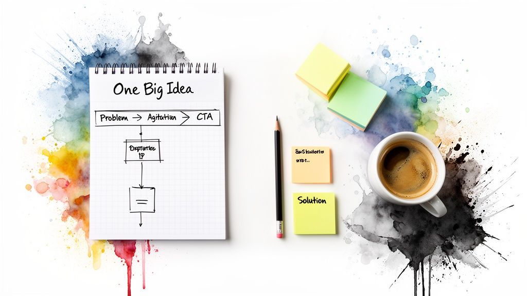 Creative brainstorming flat lay with 'One Big Idea' notebook, marketing funnel, sticky notes, pencil, and coffee.