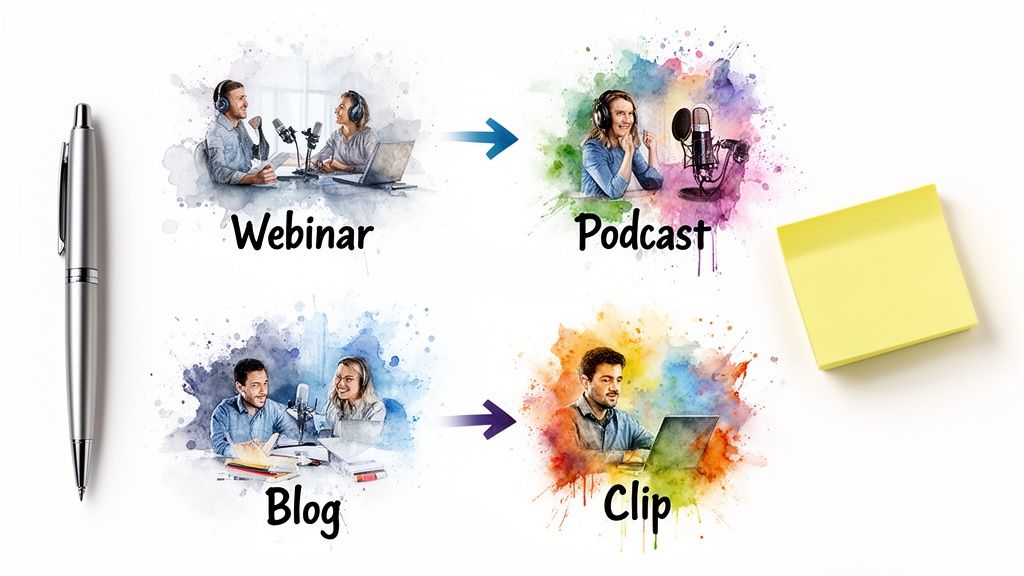 A diagram illustrating content repurposing, converting webinars into podcasts and blogs into video clips.