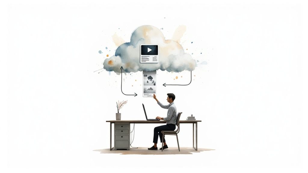 A person using a video translation application on a laptop, with multiple language flags displayed on the screen.