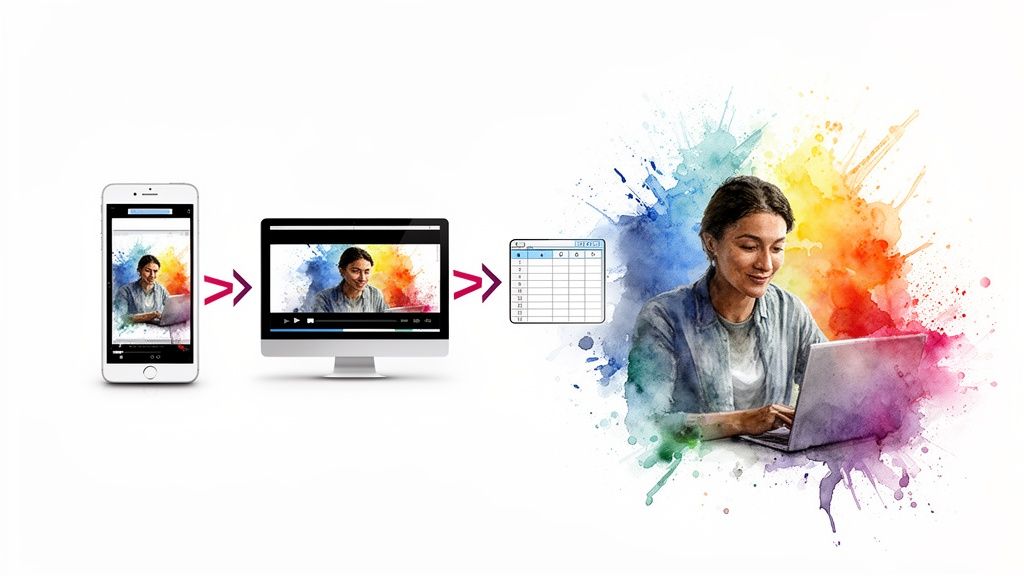 Digital workflow showing a woman creating video content, streaming from phone to desktop to spreadsheet.