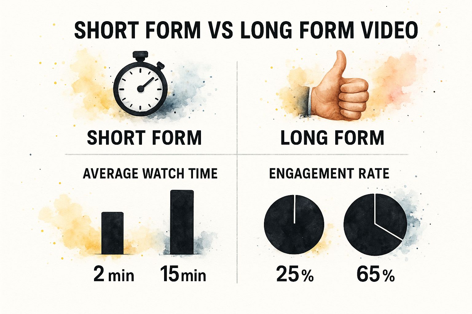 Infographic comparing short form vs long form video watch time and engagement rates