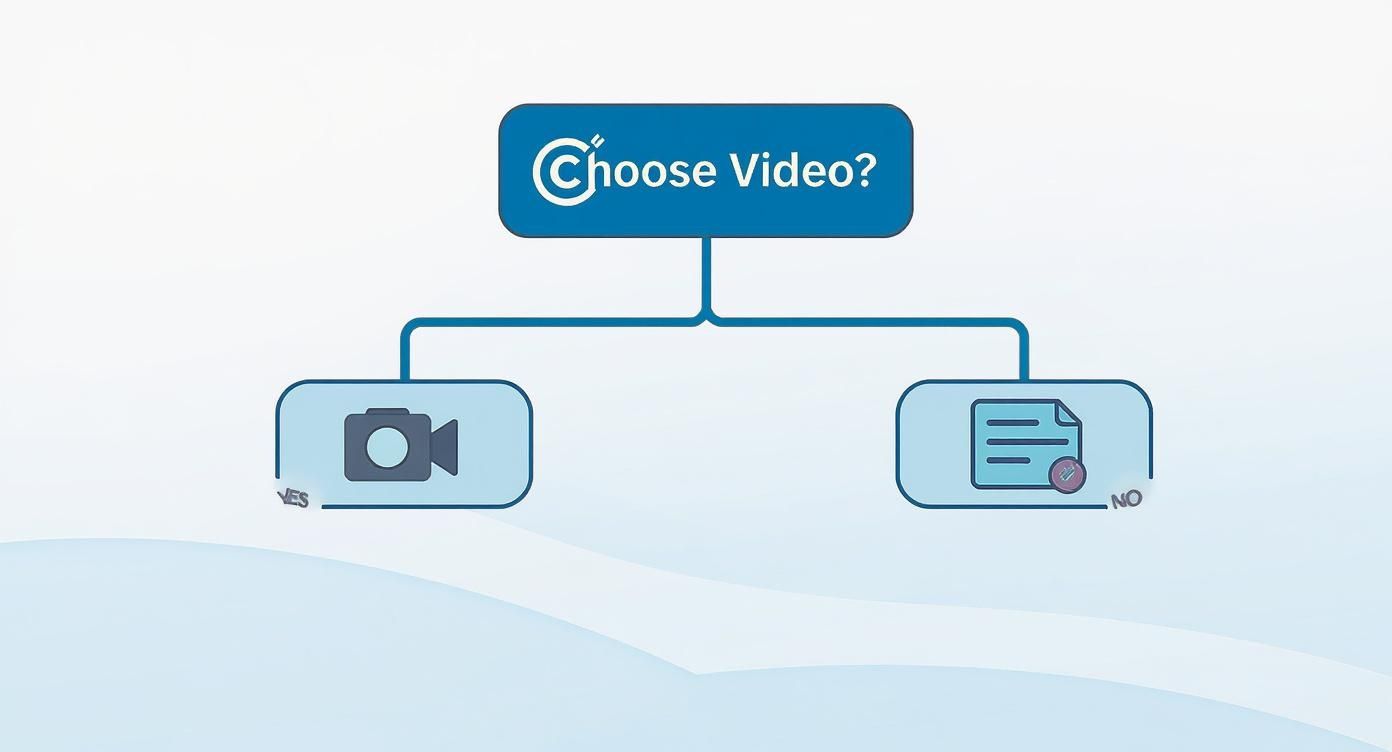 Flowchart diagram asking 'Choose Video?' with paths leading to a camera for 'Yes' and a document for 'No'.
