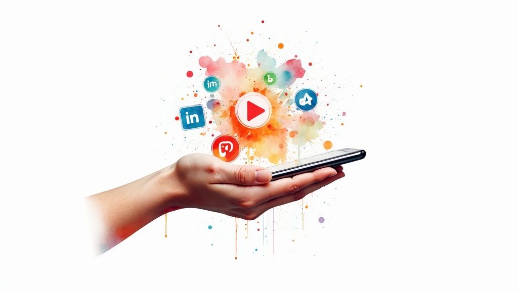 A person holding a smartphone displaying a video with social media icons floating around it, symbolizing video marketing on social media.