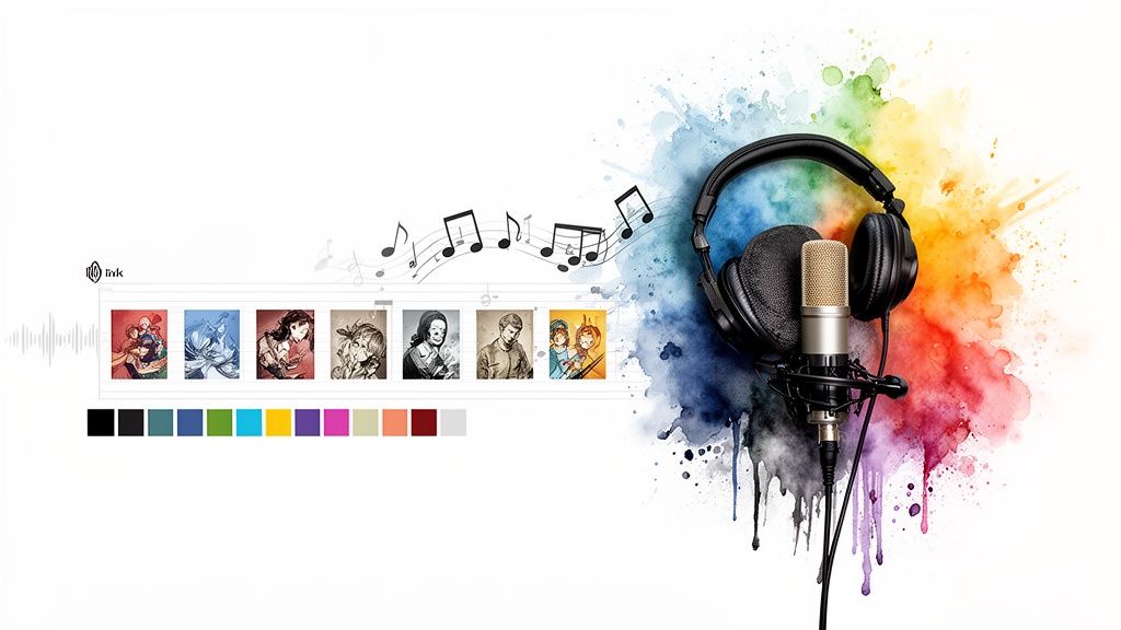 Headphones and a microphone against a colorful watercolor splash, with musical notes and album covers.