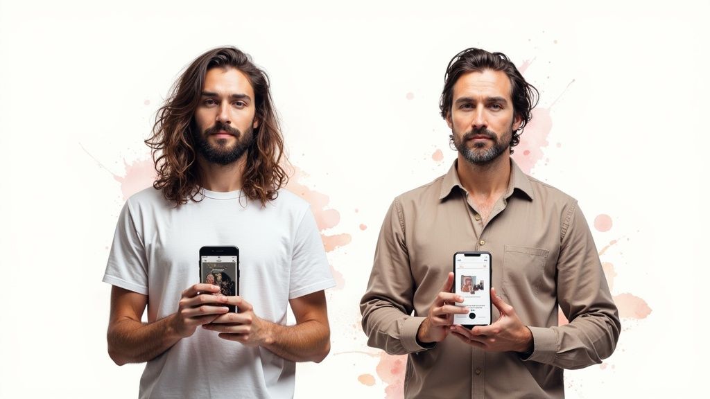 Two men, one with long hair and one with shorter hair, holding smartphones displaying images.