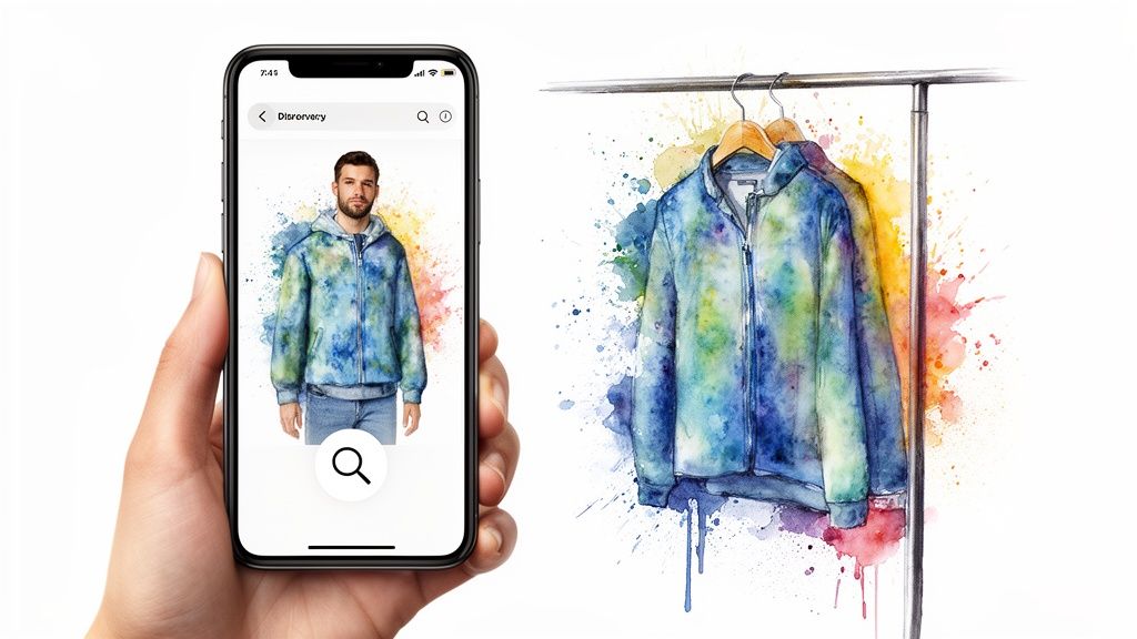 A hand holds a phone displaying a man in a tie-dye hoodie, matching a watercolor jacket on a rack.