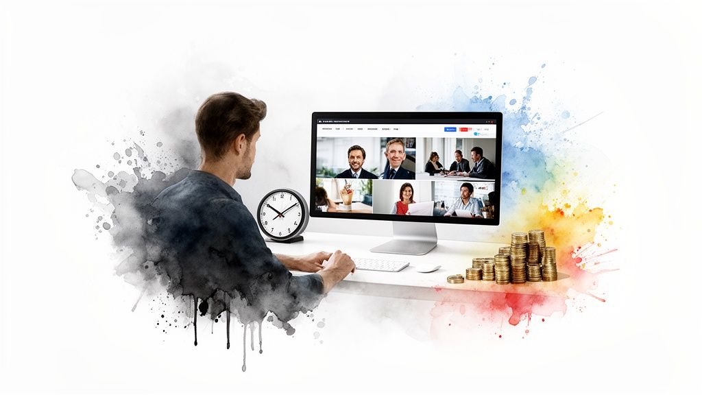 A man views a virtual meeting on his computer, with a clock and money on his desk.