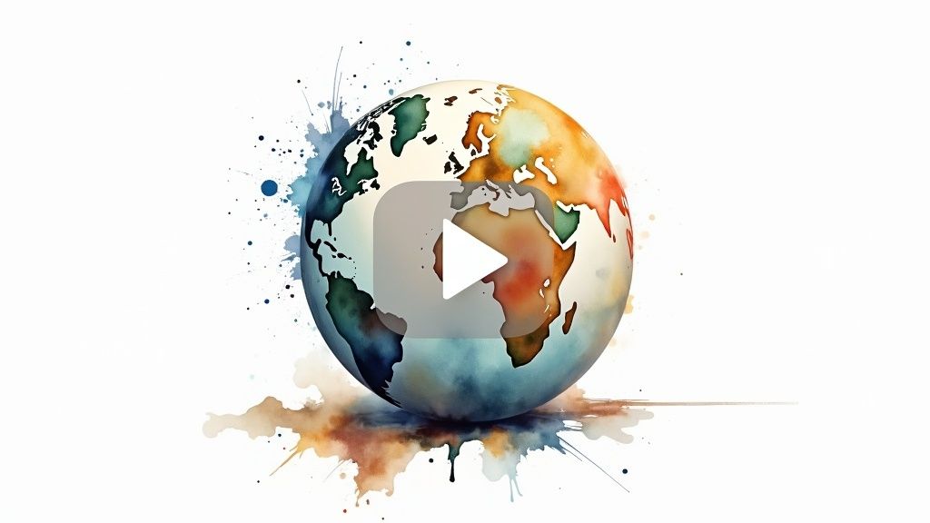 An abstract image showing interconnected digital nodes and communication lines across a world map, symbolizing global video translation services.