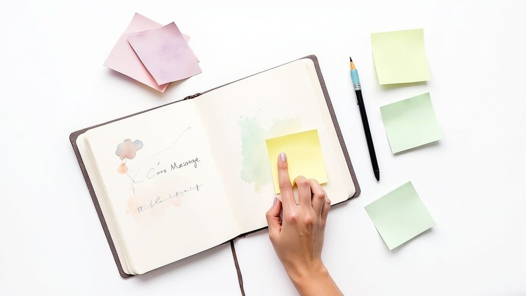 A hand places a yellow sticky note on an open notebook surrounded by other notes and a pencil.