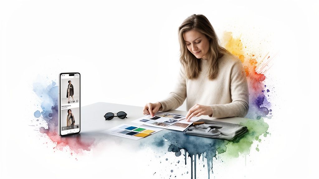 A woman reviews fashion swatches and mood boards, with a phone displaying clothing designs.