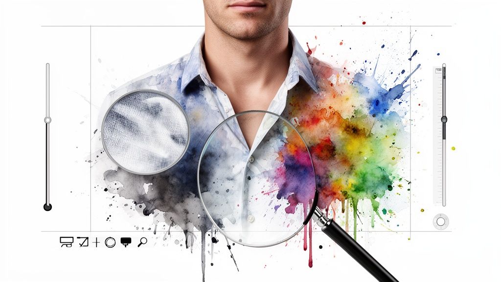 A hand holding a phone, cropping a photo of a woman in a stylish orange dress to isolate the garment.