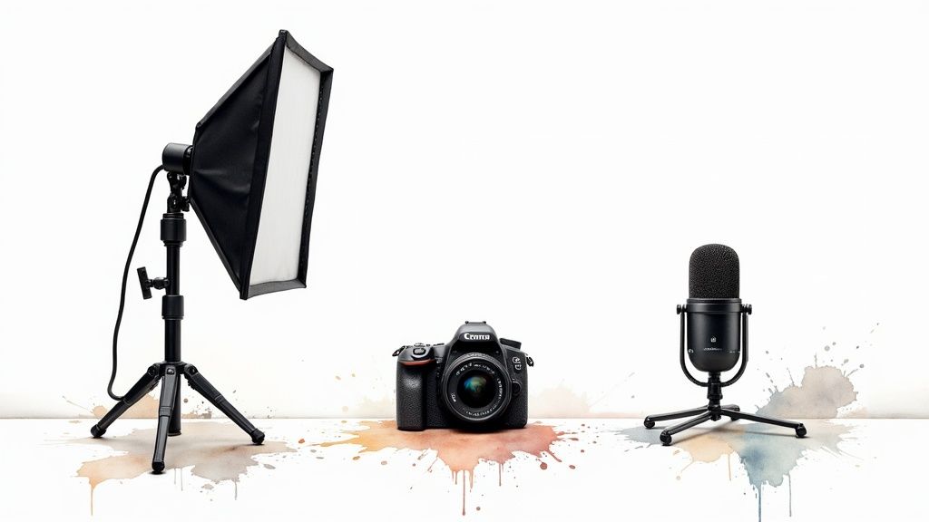 A professional video setup with a camera, ring light, and microphone, ready for recording.