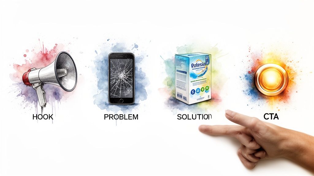 Visual representation of a marketing sales funnel: Hook, Problem, Solution, and Call to Action.