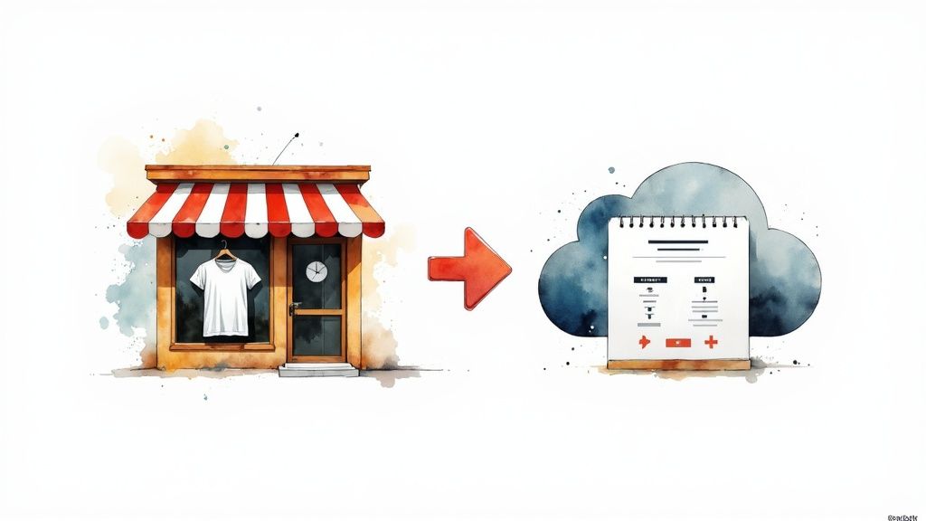 Watercolor illustration of a physical store connecting to a cloud-based digital data system.