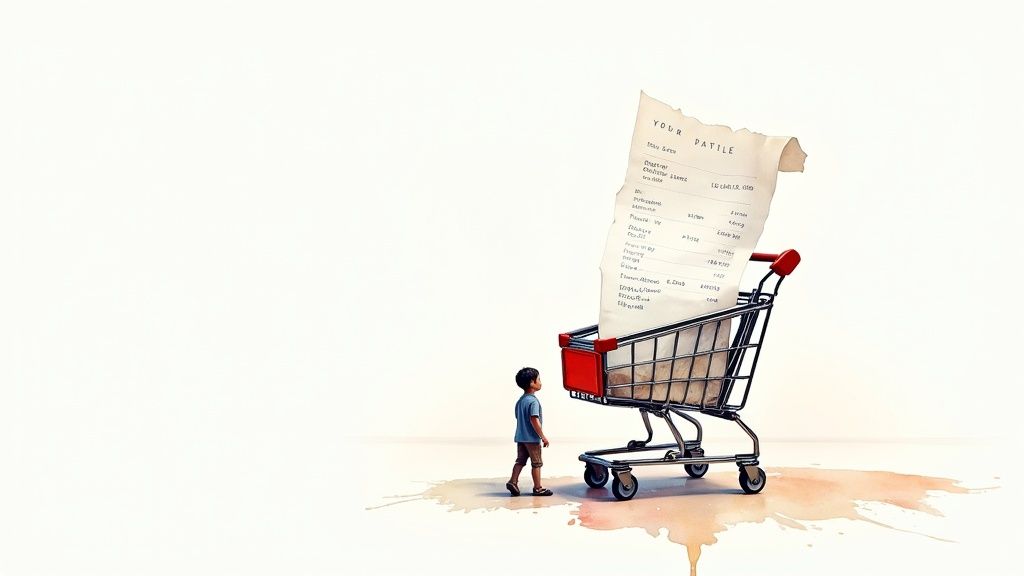 A small child looks up at a massive shopping cart overflowing with a very long paper receipt.