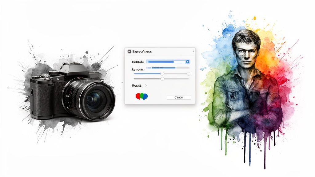 Digital art blending a camera, a man's colorful watercolor portrait, and a UI editing dialog box.