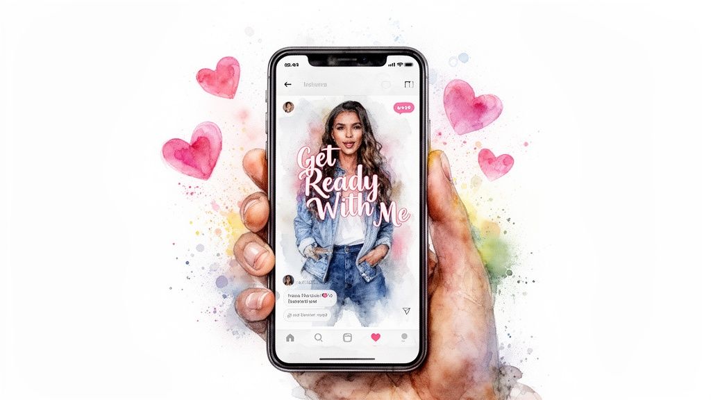 Watercolor art of hand holding a smartphone with a 'Get Ready With Me' social media post, featuring a woman and pink hearts.