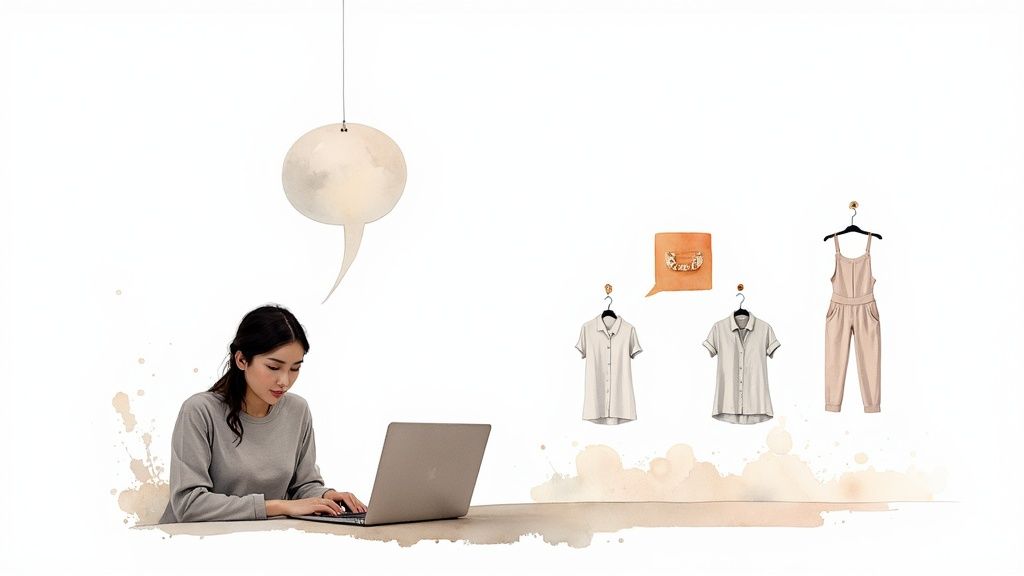 A woman uses a laptop for online shopping, with fashion items and speech bubbles.