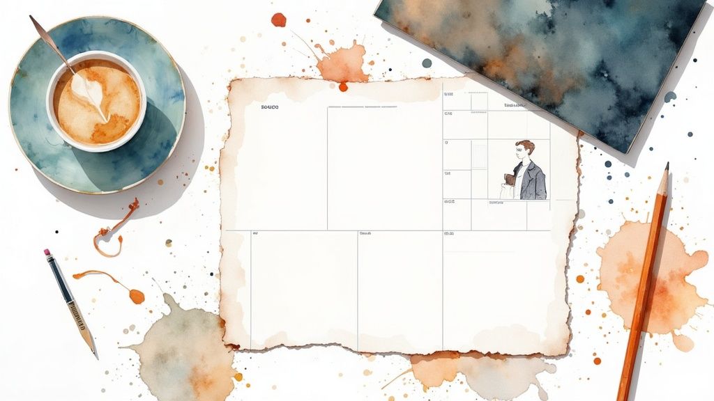 A person storyboarding video ideas on a whiteboard with sticky notes.