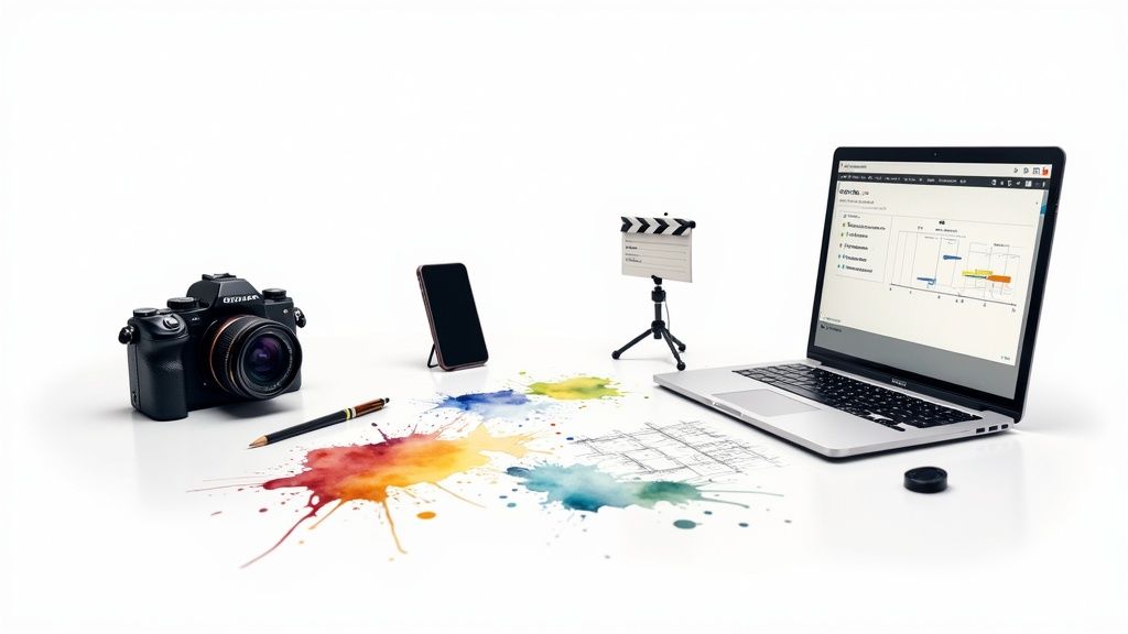 A creative workspace featuring a camera, smartphone, laptop, clapperboard, pen, and vibrant watercolor splashes.