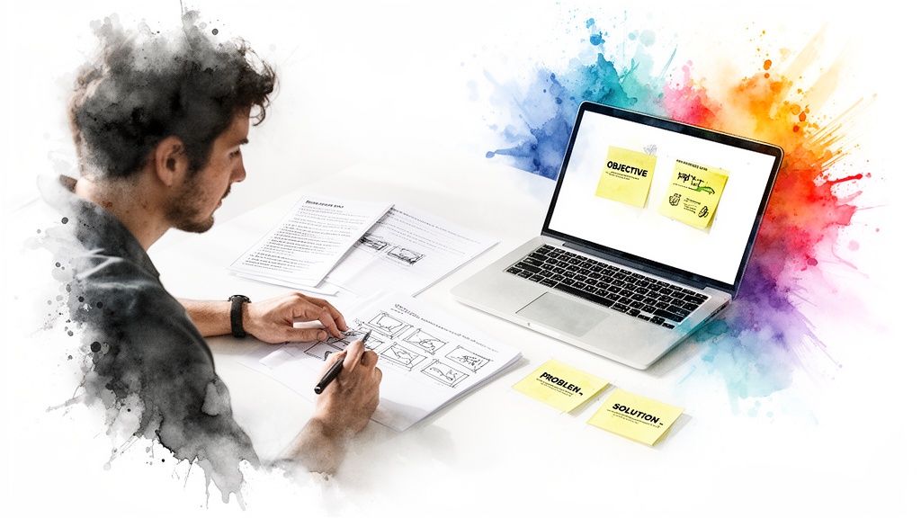 A person works on script outlines with storyboards and sticky notes, displaying creative planning.