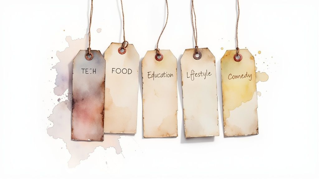 Five vintage-style hanging tags display categories: Tech, Food, Education, Lifestyle, and Comedy, against a watercolor background.