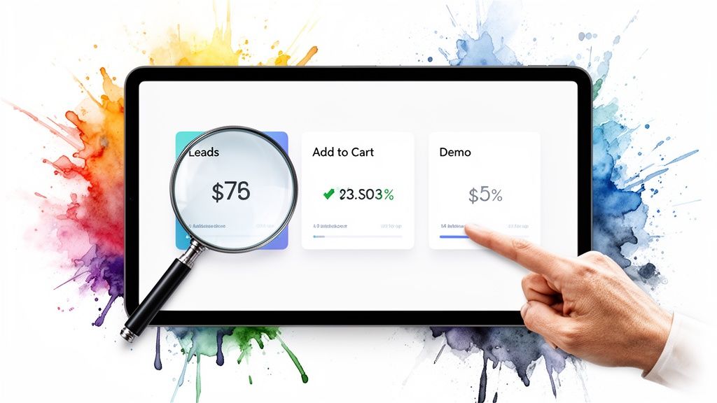 Tablet displaying a marketing dashboard with leads, add to cart conversion, and demo percentages, with a hand interacting.