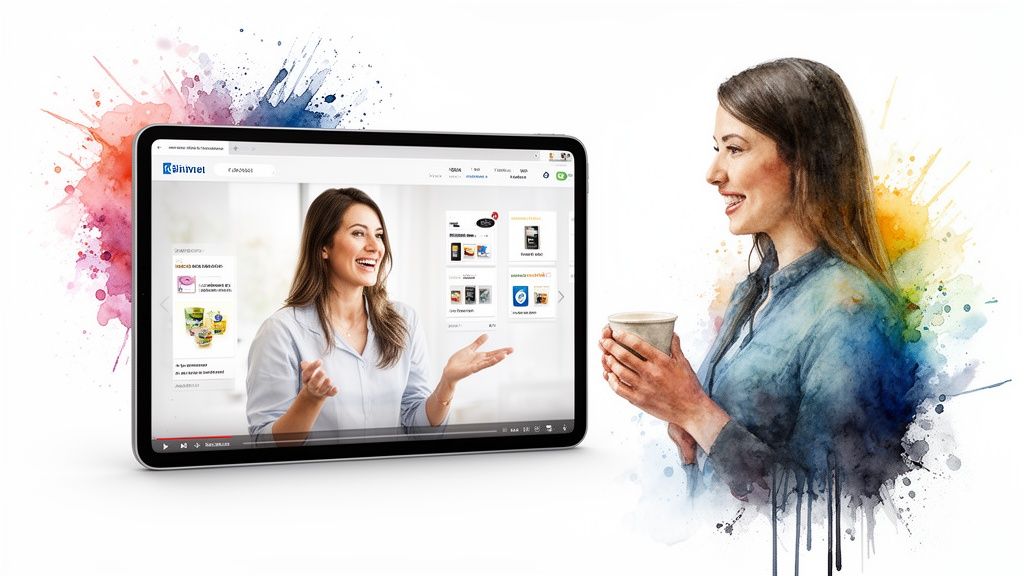 Smiling woman watches a marketing product video on a tablet, featuring a presenter and products.