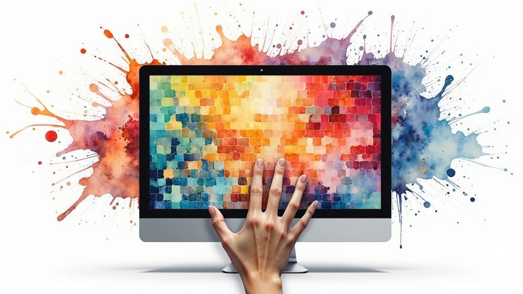 Vibrant watercolor paint splashes behind a computer monitor with a colorful pixelated screen, touched by a hand.