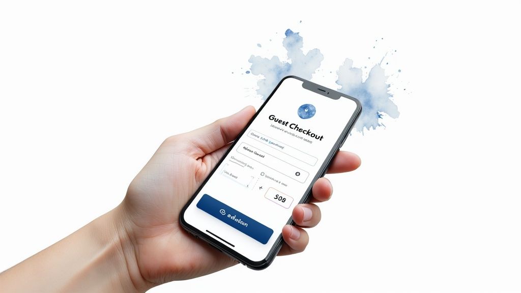 A hand holds a smartphone displaying a 'Guest Checkout' screen with form fields and a price.