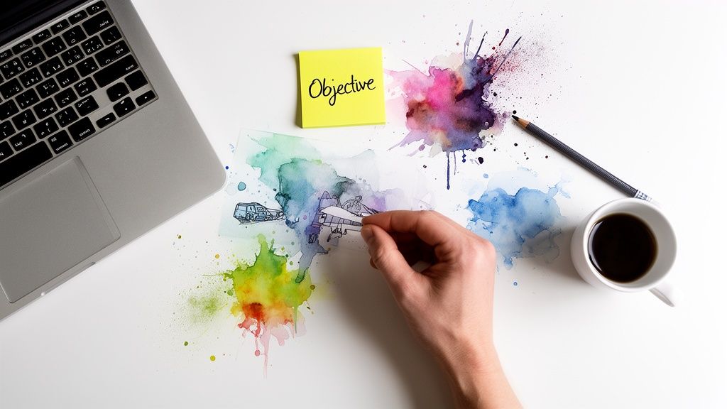 Overhead view of a creative workspace with a laptop, objective note, hand, watercolors, and coffee.