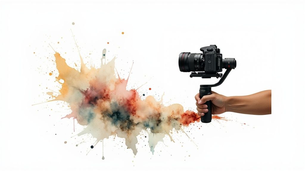 A person using a gimbal to stabilize a camera for a video shoot, demonstrating smooth camera movement.