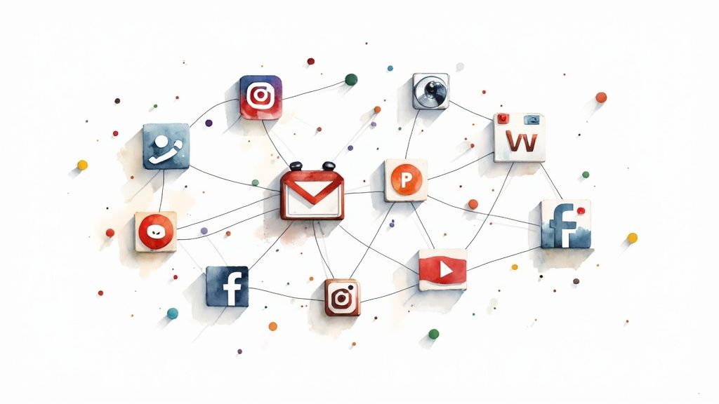 A person sharing a video from a laptop to multiple social media icons floating around it.