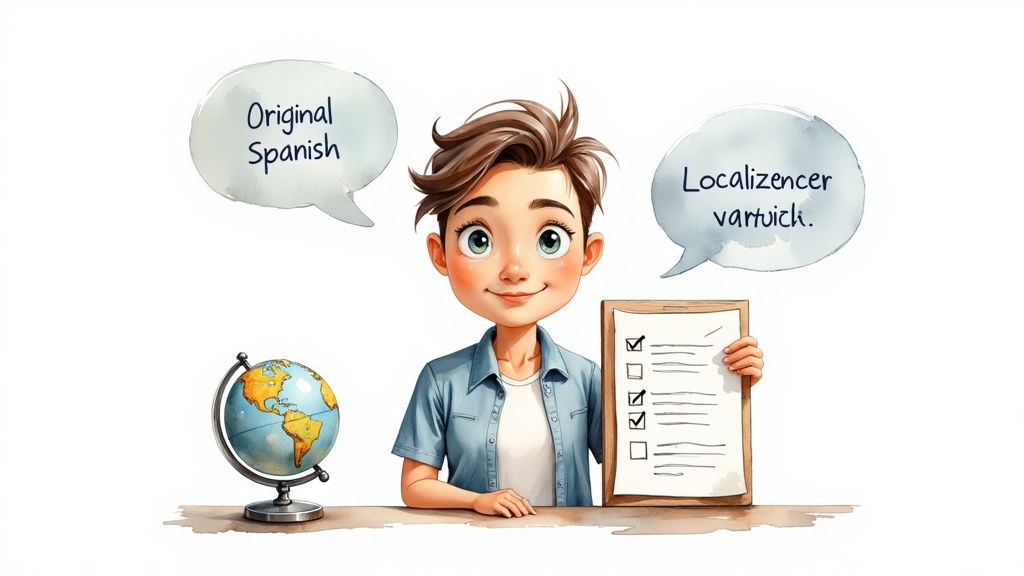 Cartoon translator holding checklist with globe and speech bubbles showing Spanish to English localization process