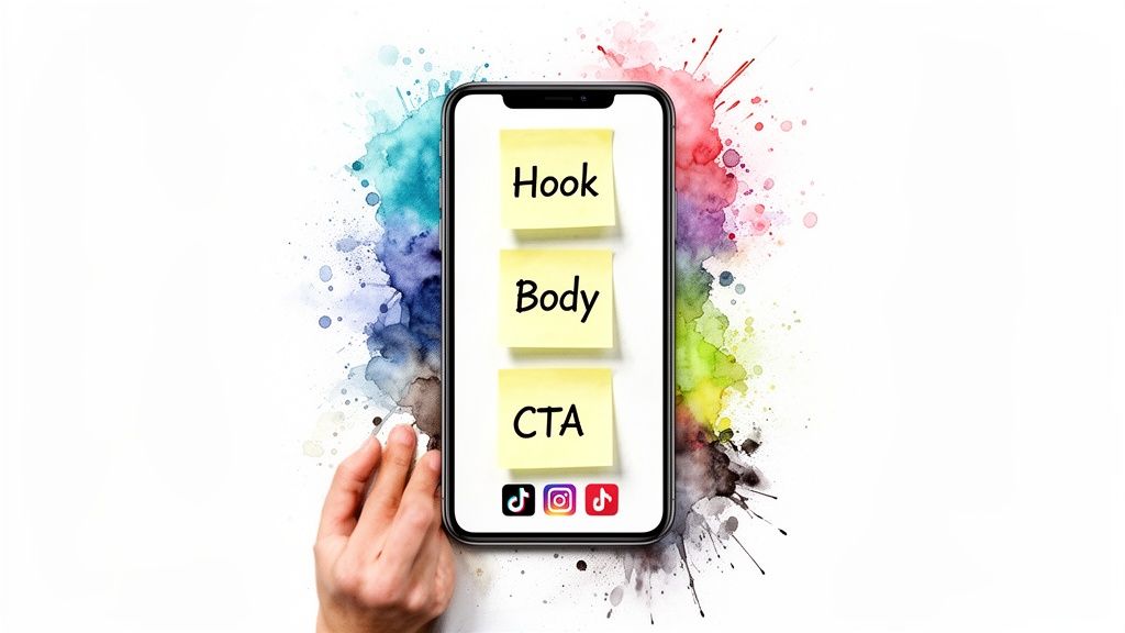 A hand holds a smartphone displaying 'Hook, Body, CTA' on sticky notes, with social media icons.