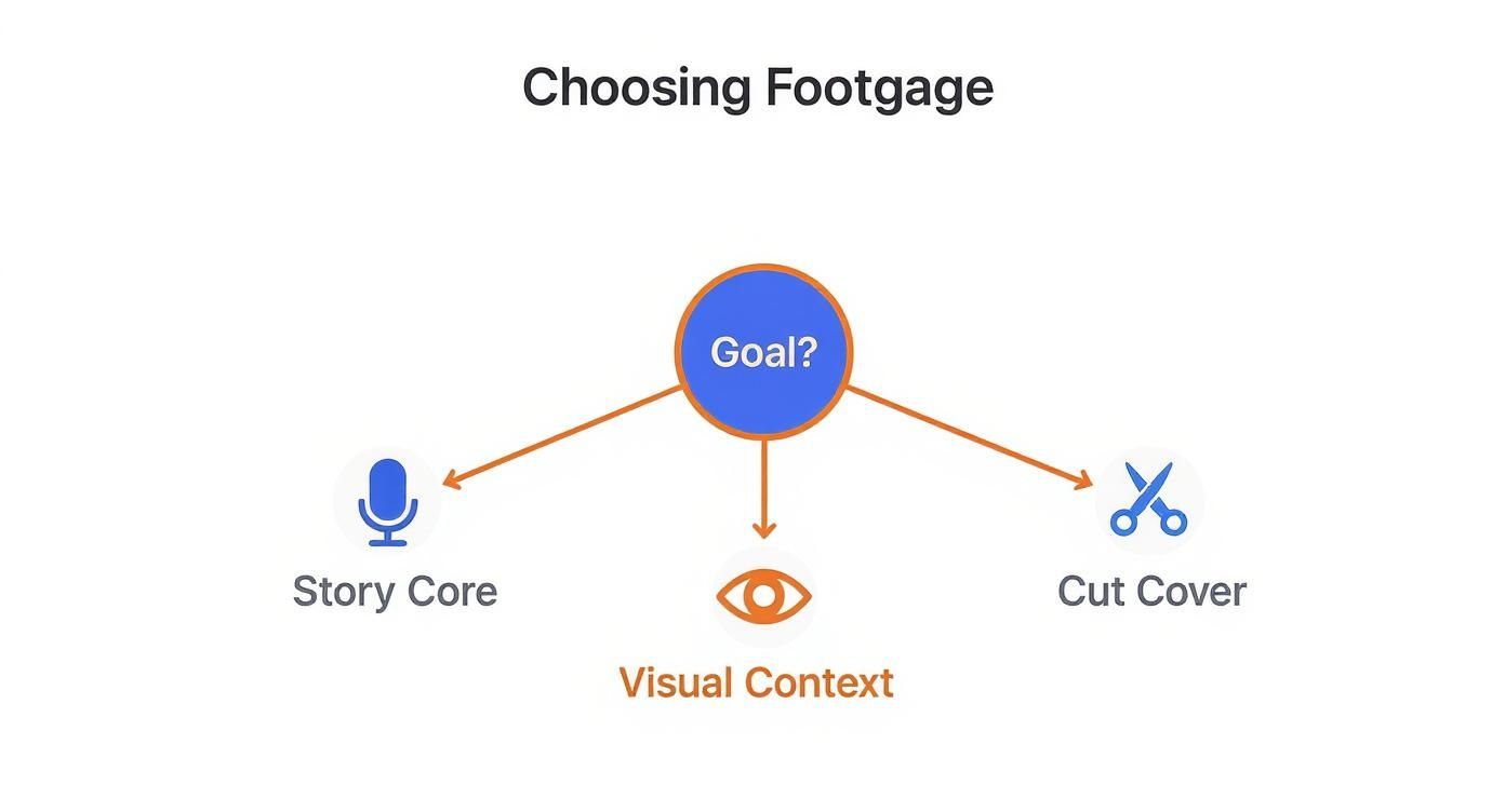 Diagram showing how a goal in video production leads to choosing footage types: Story Core, Visual Context, and Cut Cover.