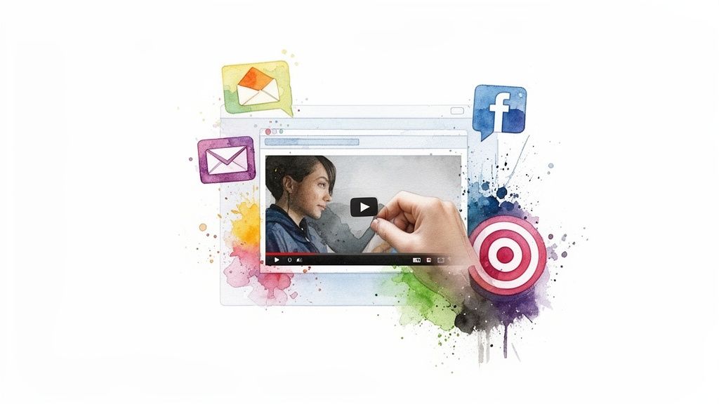 Watercolor illustration of a video player with a hand, surrounded by digital marketing icons.