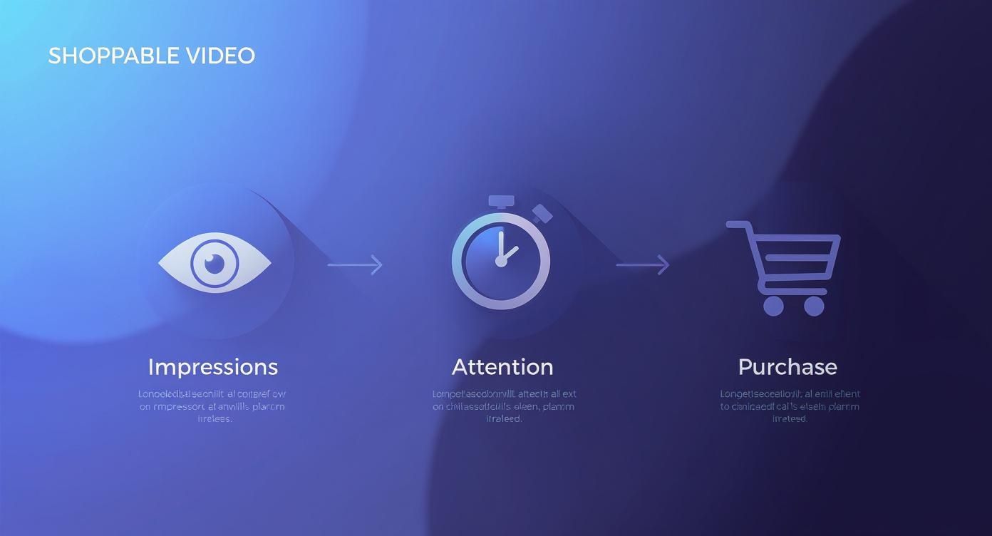 Shoppable video customer journey showing three stages: impressions with eye icon, attention with clock, and purchase with shopping cart