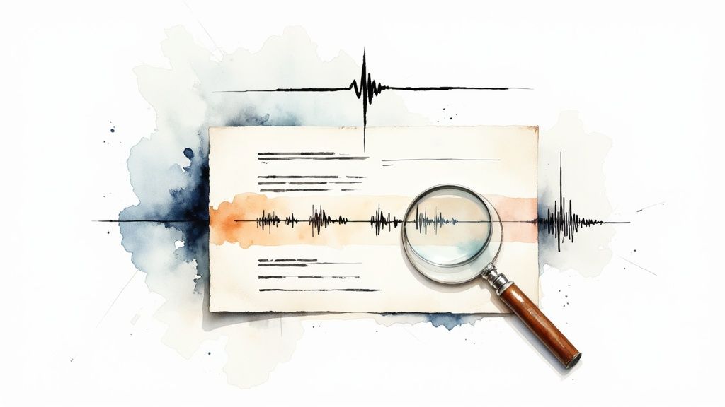 Magnifying glass examining seismic wave data on document with watercolor background illustration