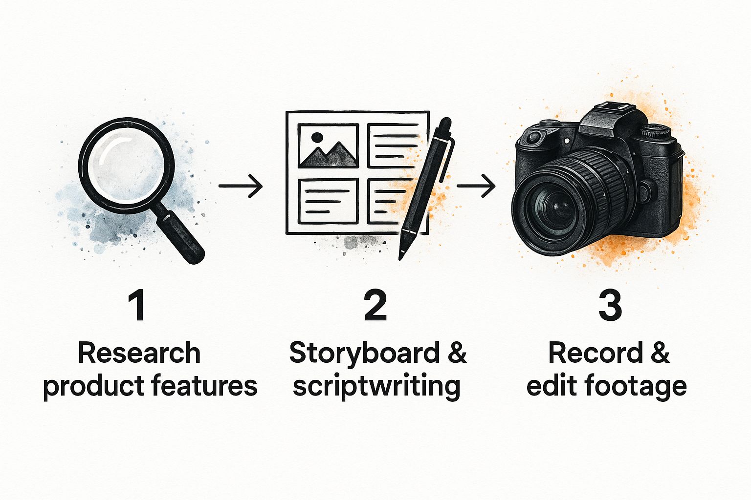 An infographic showing the product demo video creation process: research, scriptwriting, and recording.